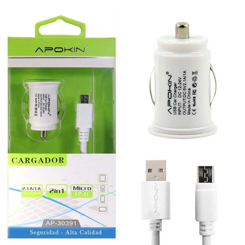Cargador Coche 2 USB 2.1A APOKIN + Cable microUSB de 1 Metro - Blanco