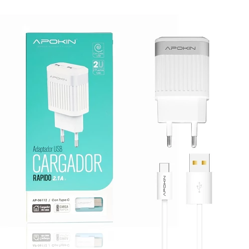Cargador Red Doble USB 2.1A APOKIN + Cable lightning  de 1 Metro - Blanco
