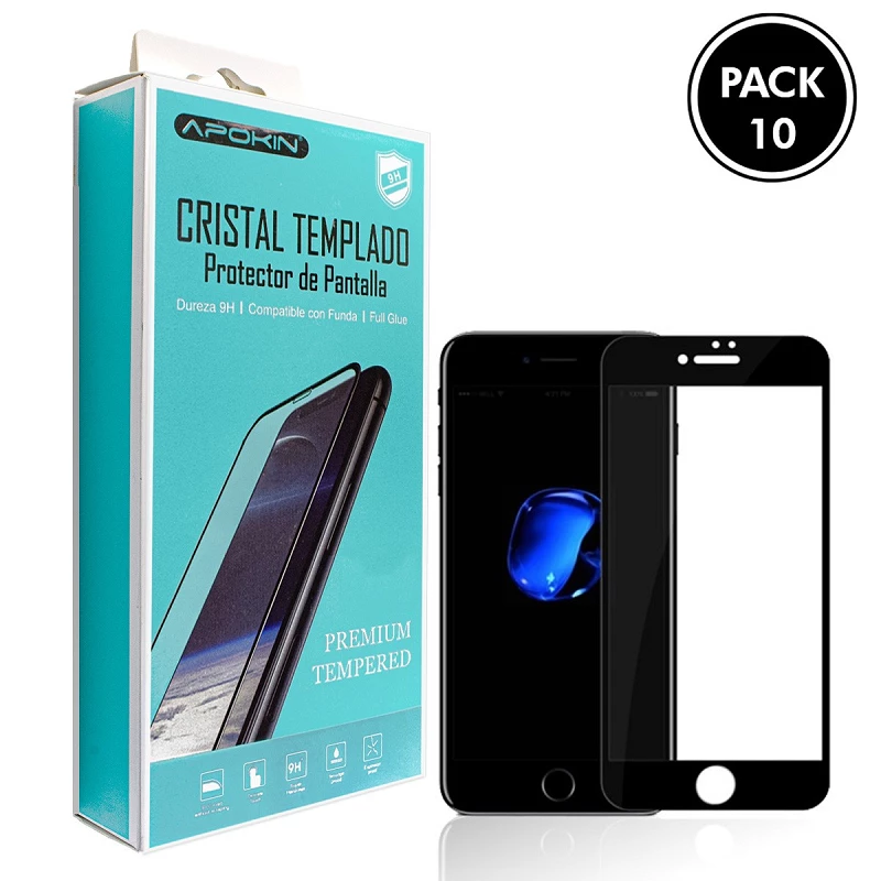 (Pack-10) Cristal templado Full Glue 9H iPhone 6/7/8 Protector de Pantalla Curvo Negro
