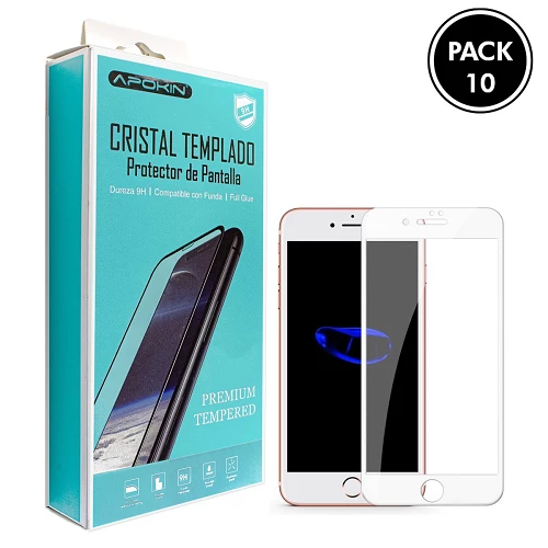 (Pack-10) Cristal templado Full Glue 9H iPhone 6/7/8 Protector de Pantalla Curvo Blanco