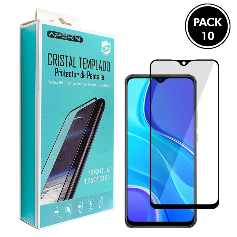 (Pack-10) Cristal templado Full Glue 9H Xiaomi Redmi 9 Protector de Pantalla Curvo Negro