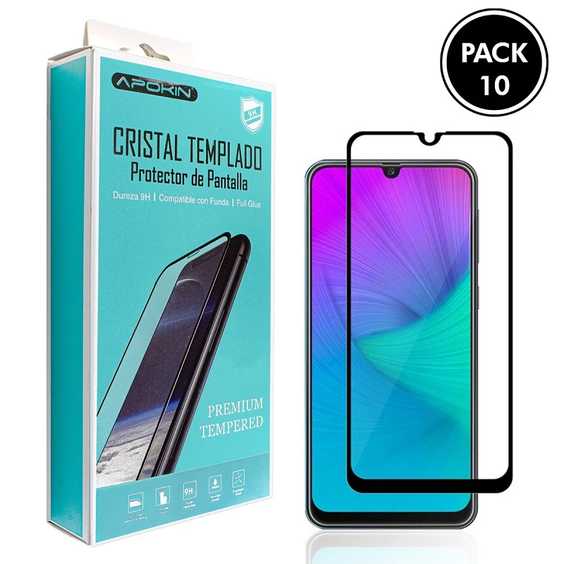 (Pack-10) Cristal templado Full Glue 9H Xiaomi Redmi 9A Protector de Pantalla Curvo Negro