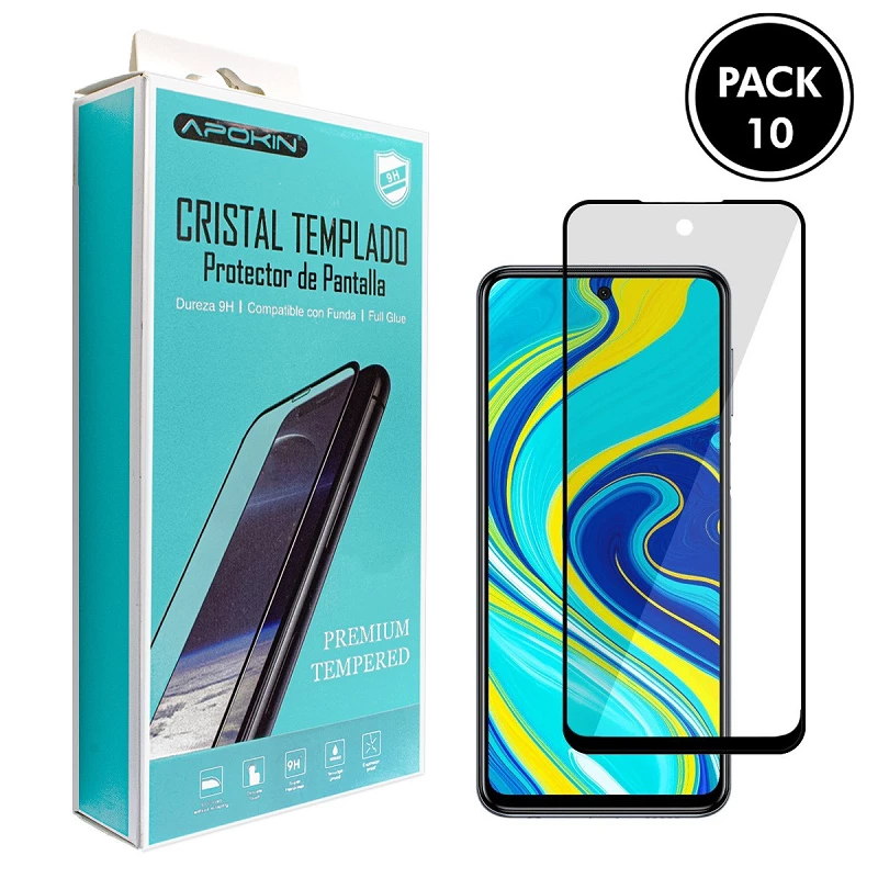 (Pack-10) Cristal templado Full Glue 9H Xiaomi Redmi Note 9 Protector de Pantalla Curvo Negro