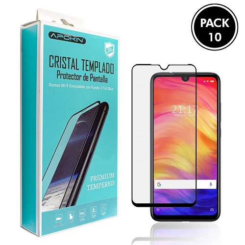 (Pack-10) Cristal templado Full Glue 9H Xiaomi Redmi Note 7 Protector de Pantalla Curvo Negro