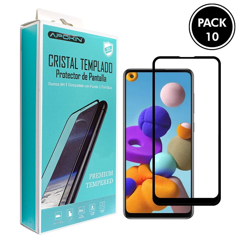 (Pack-10) Cristal templado Full Glue 9H Samsung Galaxy A21s Protector de Pantalla Curvo Negro