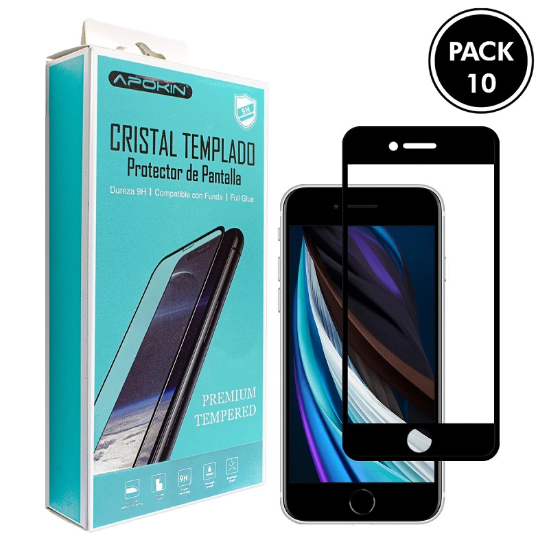 (Pack-10) Cristal templado Full Glue 9H iPhone SE 2020 Protector de Pantalla Curvo Negro