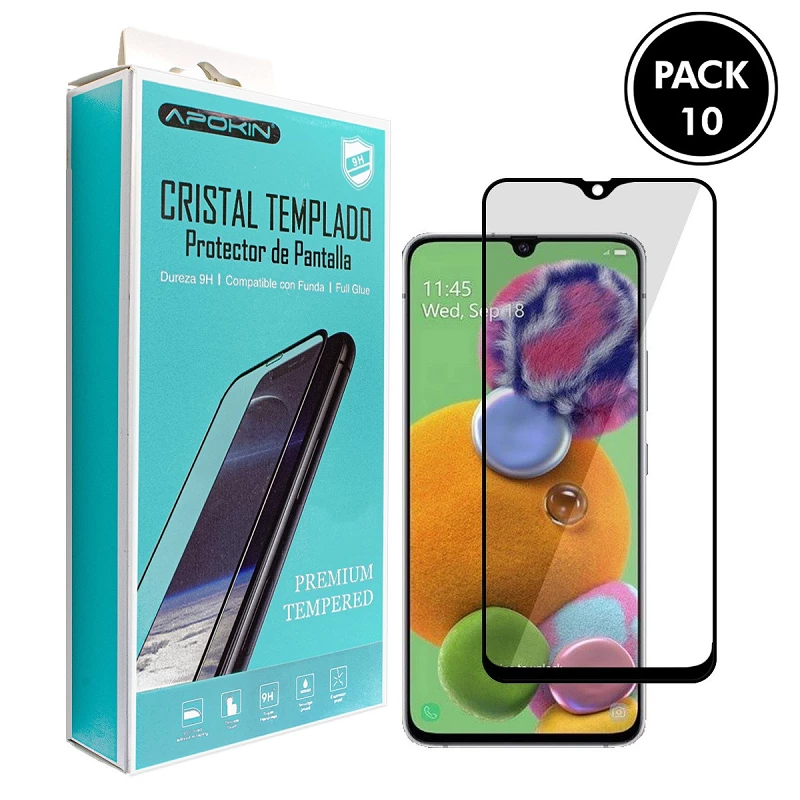 (Pack-10) Cristal templado Full Glue 9H Samsung Galaxy A91 Protector de Pantalla Curvo Negro