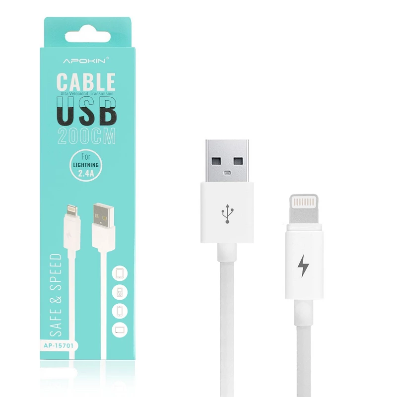 (Pack 20) Cable de Datos y Carga 2.4A APOKIN USB 2.0 a Lightning 2m