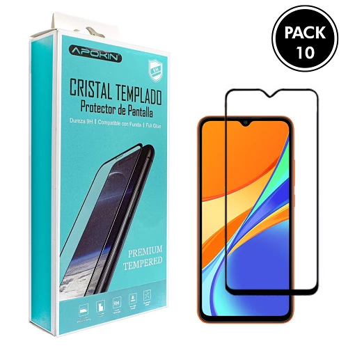 (Pack-10) Cristal templado Full Glue 9H Xiaomi Redmi 9C Protector de Pantalla Curvo Negro
