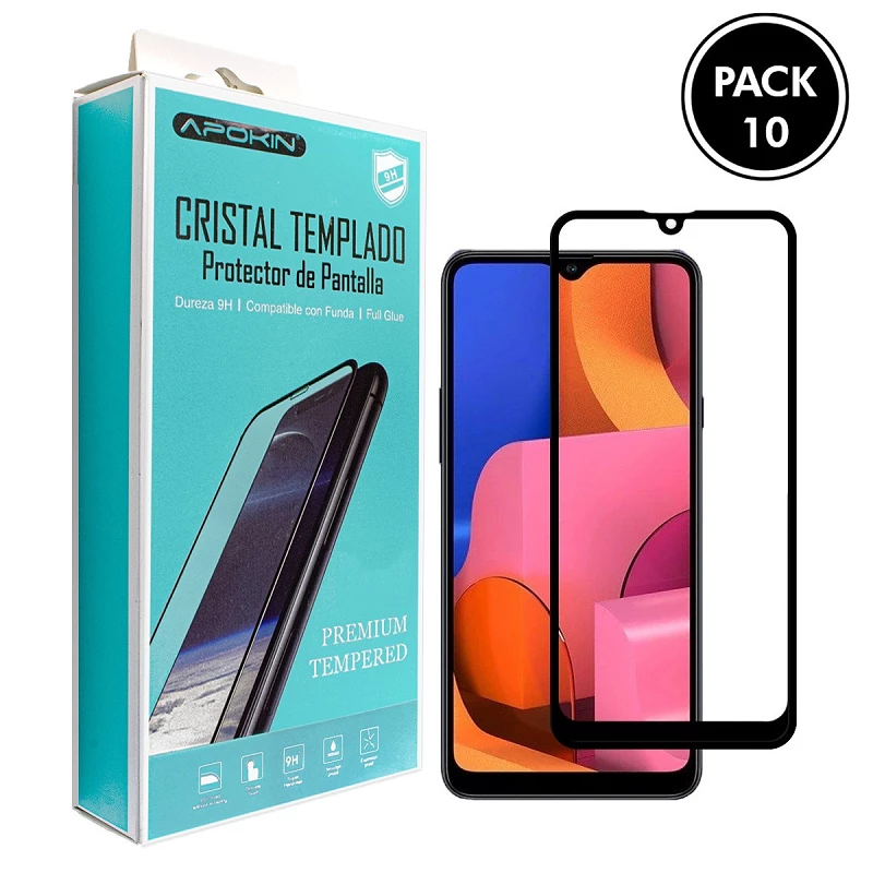 (Pack-10) Cristal templado Full Glue 9H Samsung Galaxy A20S Protector de Pantalla Curvo Negro