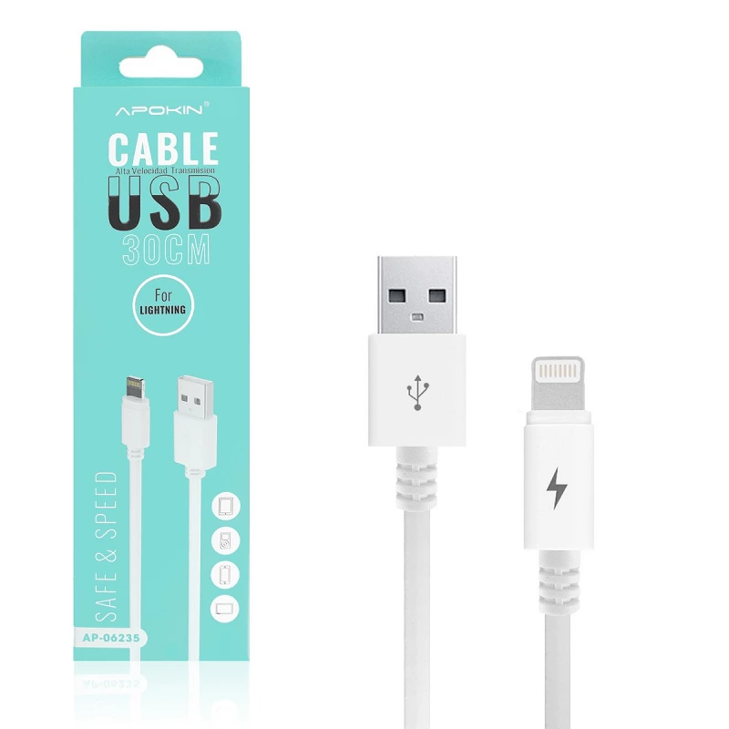 (Pack 20) Cable de Datos y Carga APOKIN USB 2.0 a Lightning Carga Rápida 30cm