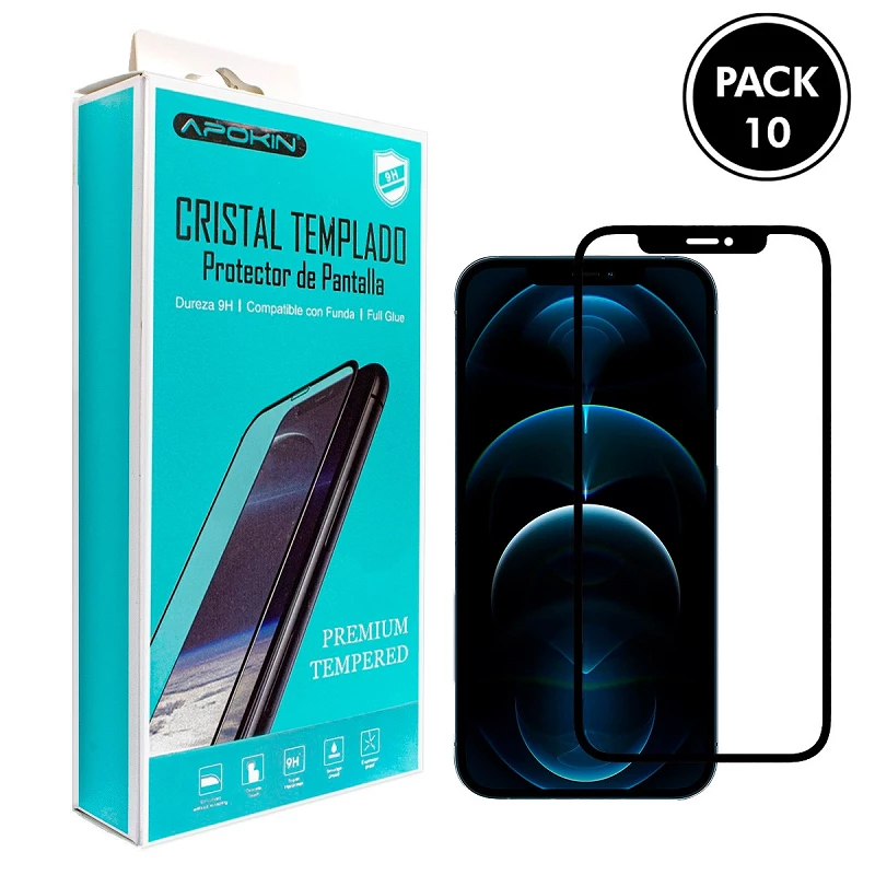 (Pack-10) Cristal templado Full Glue 9H iPhone 12  Pro Max 6.7" Protector de Pantalla Curvo Negro