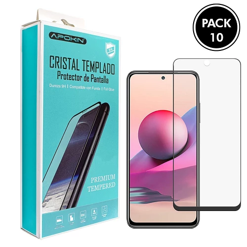 (Pack-10) Cristal templado Full Glue 9H Xiaomi Redmi Note 10/10s Protector de Pantalla Curvo Negro